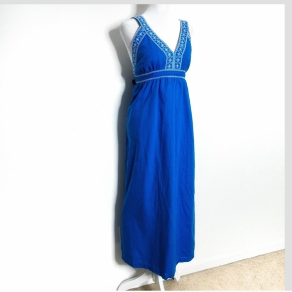 J Crew Dress Maxi Length Sleeveless Royal Blue White Eyelet Detail Linen Cotton - Picture 3 of 12